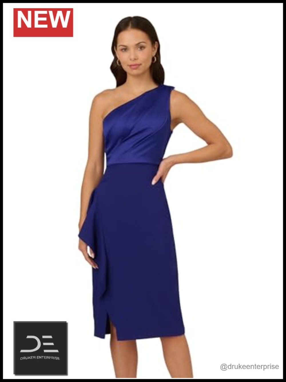 Satin One Shoulder Midi Dress Pleated Bodice